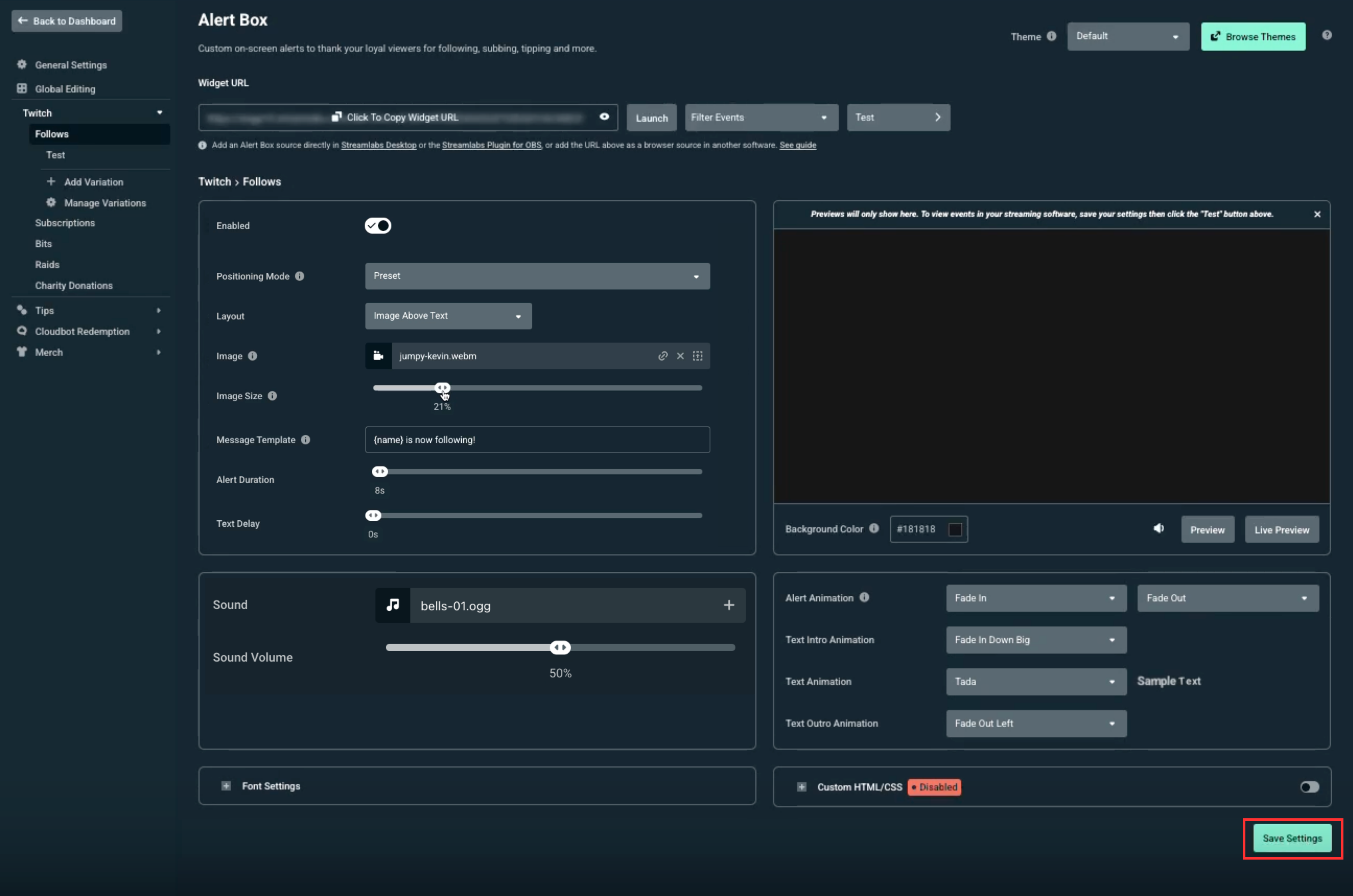Saving alert box settings button on the bottom right hand corner of the alert box settings page in dashboard